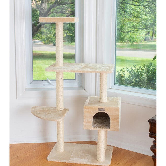 Gleepet 57 inches Beige Real Wood Cat Tree With Playhouse And Perch, , alternate image number null