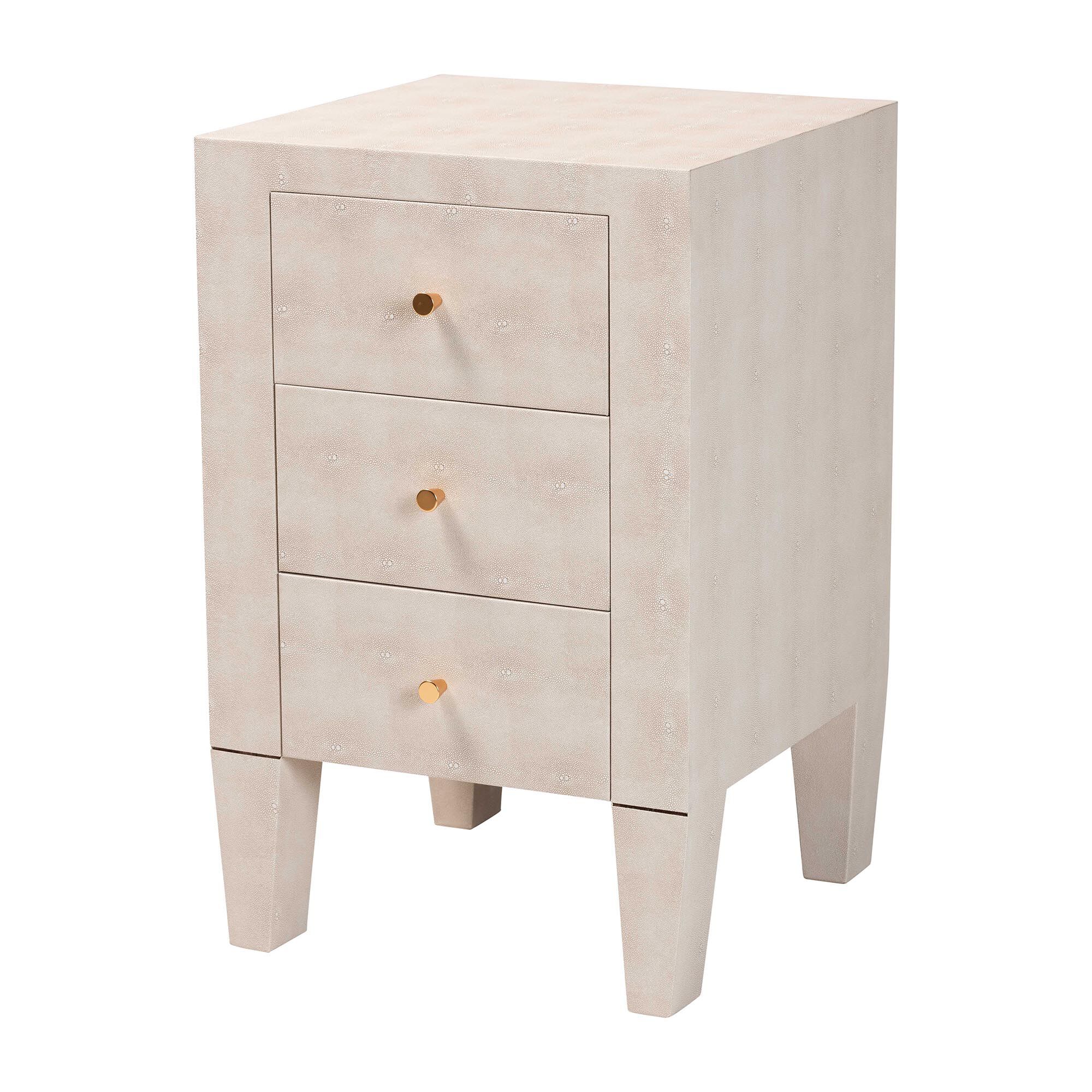 Light wood finished three-drawer nightstand with wooden knobs, four tapered legs.