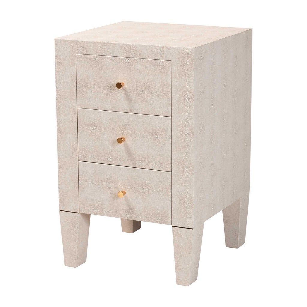 Light wood finished three-drawer nightstand with wooden knobs, four tapered legs.