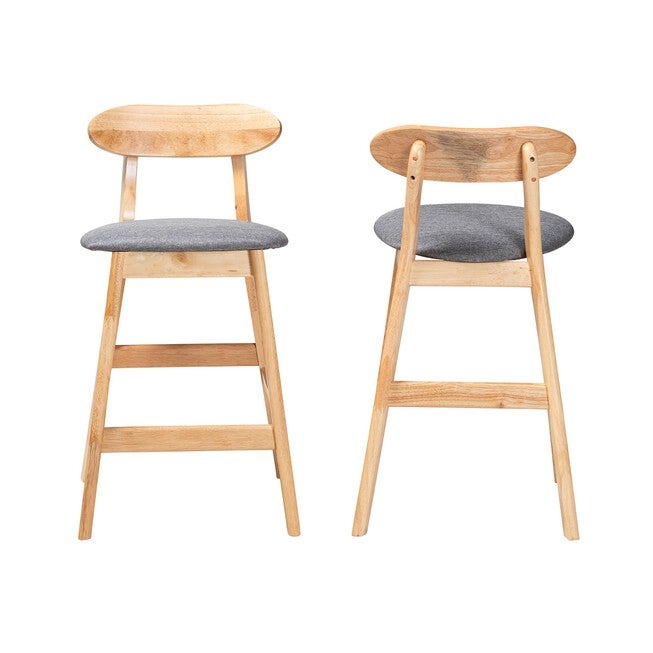 Ulyana Mid-Century Modern Grey Fabric And Natural Brown Finished Wood 2-Piece Counter Stool Set, , on-hover image number 1