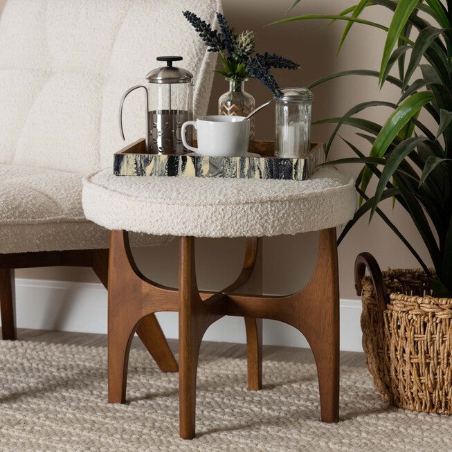Theo Japandi Cream Boucle Fabric And Walnut Brown Finished Rubberwood Ottoman Footstool, , alternate image number 3