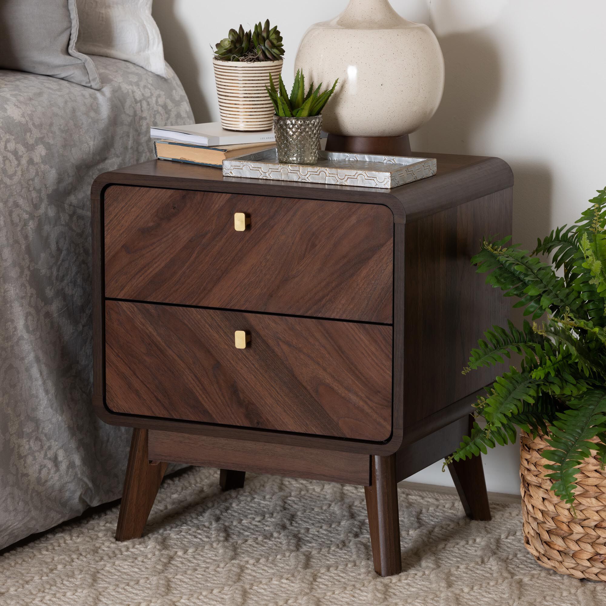 Markell Mid-Century Transitional Walnut Brown Finished Wood 2-Drawer Nightstand, WALNUT BROWN, hi-res image number 0