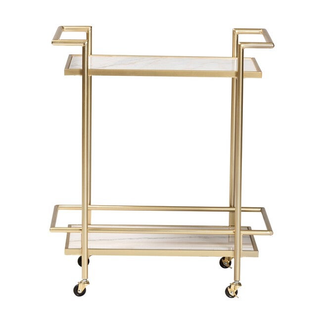 Louise Contemporary Glam And Luxe Gold Metal And White Marble 2-Tier Wine Cart, , on-hover image number 1