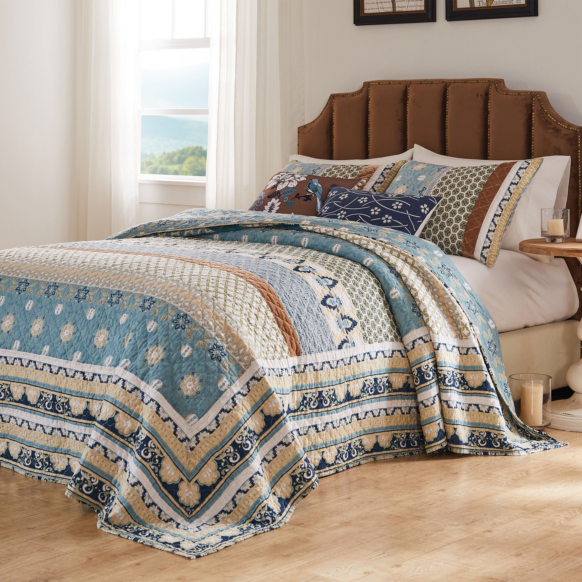 Thalia Reversible Cotton-Rich Bedspread Set, BLUE, alternate image number 1