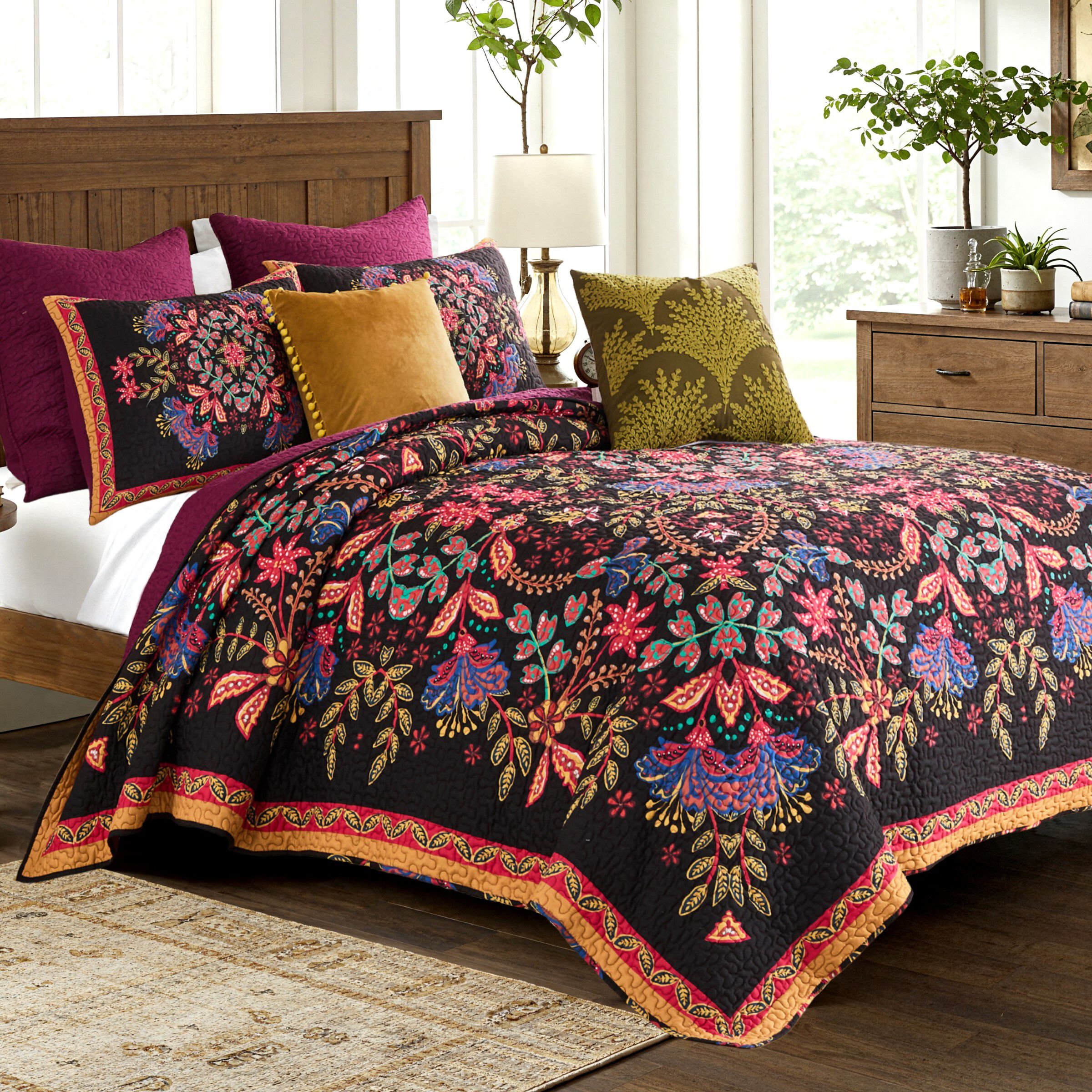 Jessa Ornate Botannical Finely Stitched Quilt Set, MIDNIGHT, hi-res image number 0