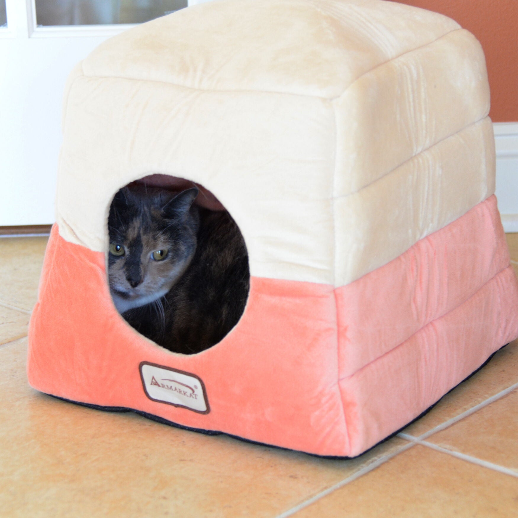 2-In-1 Cat Bed Cave Shape And Cuddle Pet Bed, Orange Beige, , alternate image number 3