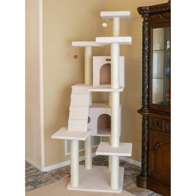 Classic 77 inches Multi Levels Real Wood Cat Tree With Ramp, Three Perches, Two Condos, , alternate image number null