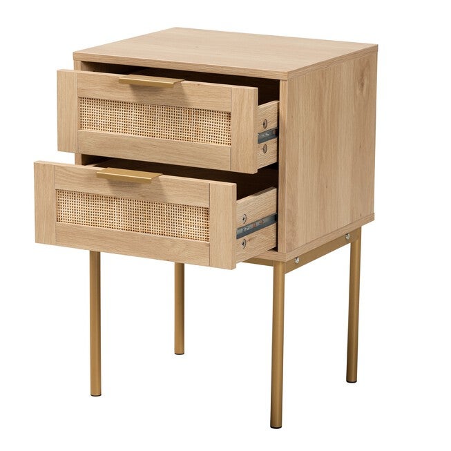 Dewitt Japandi Light Brown Finished Wood And Gold Metal 2-Drawer End Table, , on-hover image number 1