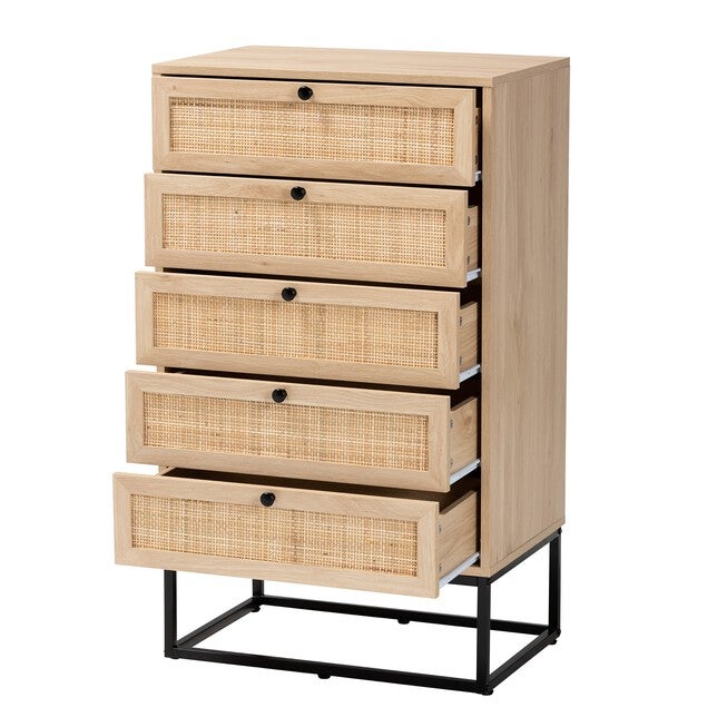 Amelia Mid-Century Modern Transitional Natural Brown Finished Wood And Natural Rattan 5-Drawer Chest, , on-hover image number 1