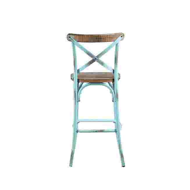 Bar chair with X-back and lower shelf, teal frame and wooden seat