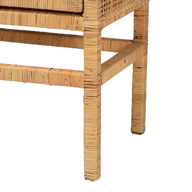 Vivan Modern Bohemian Natural Brown Rattan And Mahogany Wood 3-Shelf Storage Cabinet, , alternate image number null