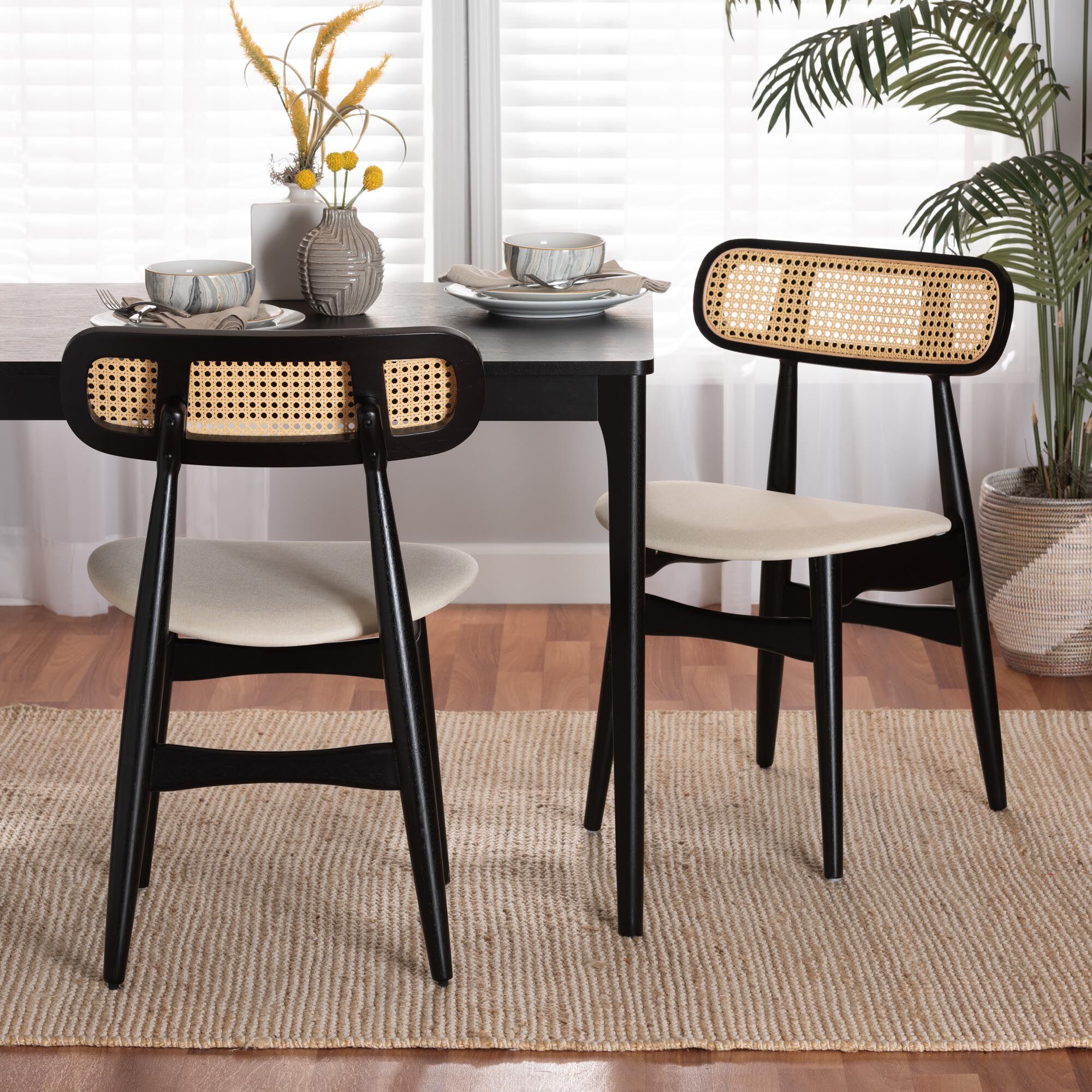 Tarana Mid-Century Modern Grey Fabric and Natural Oak Finished Wood 2-Piece Dining Chair Set, CREAM, hi-res image number 0