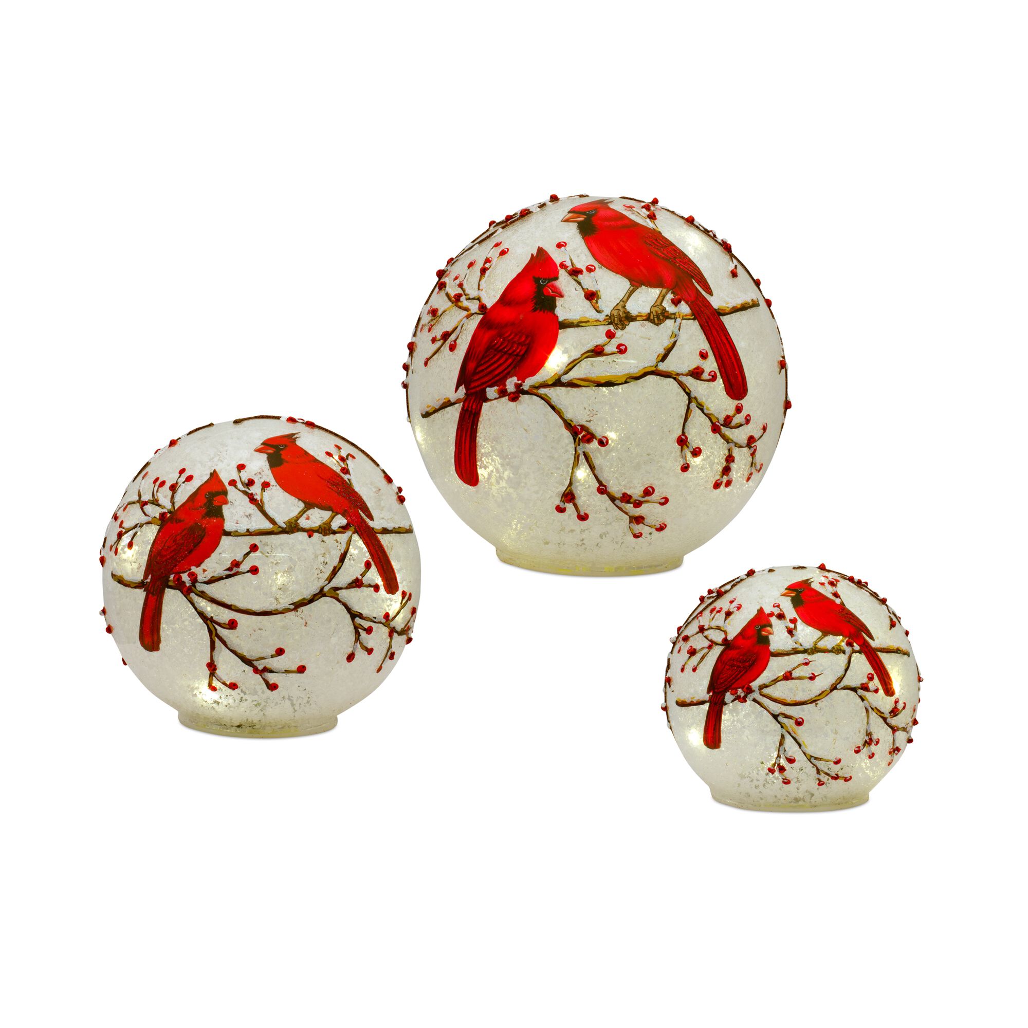 LED Frosted Cardinal Orb with Berry Branch Design (Set of 3), WHITE RED, hi-res image number 0