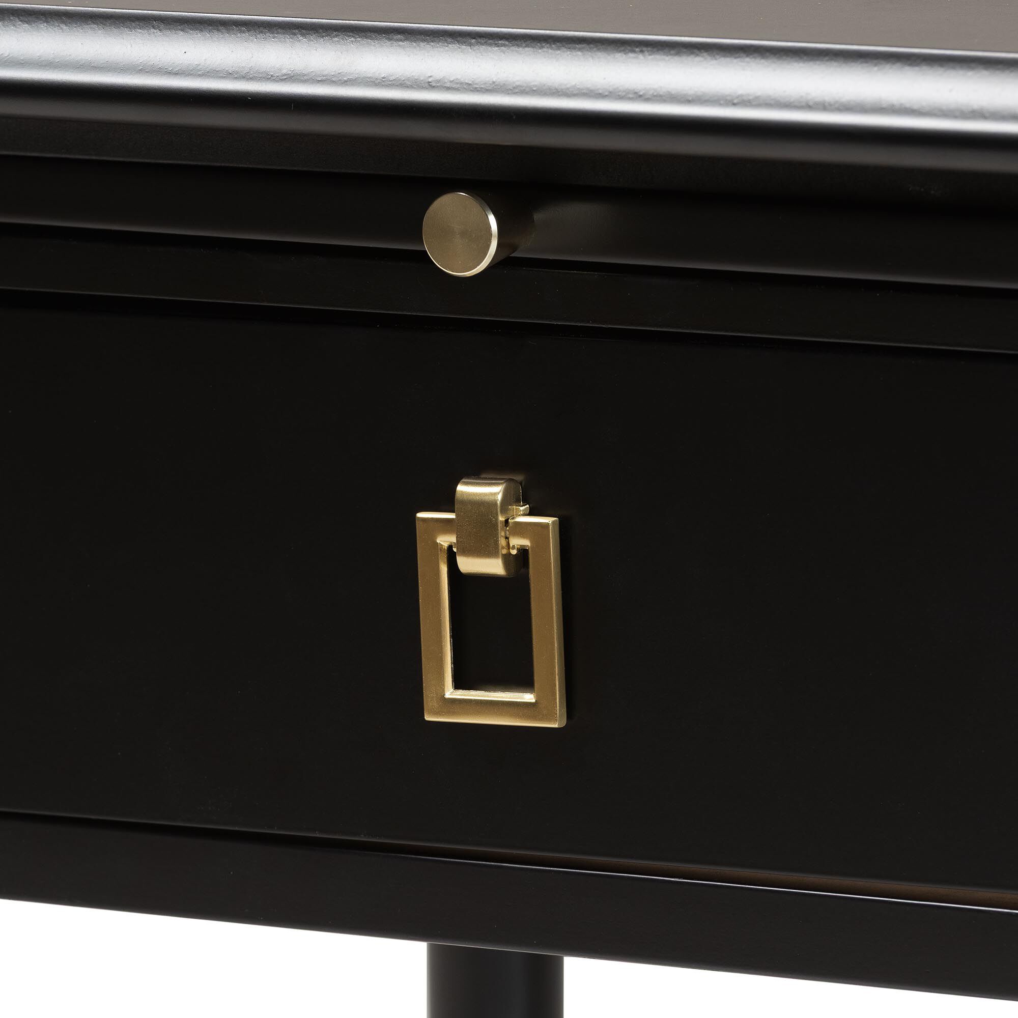 Close-up of drawer pull on nightstand