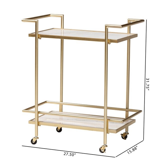 Louise Contemporary Glam And Luxe Gold Metal And White Marble 2-Tier Wine Cart, , alternate image number 7