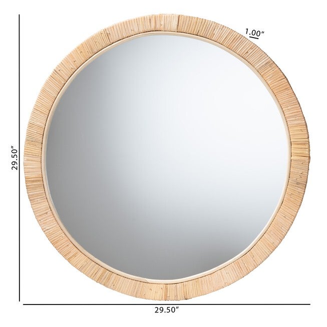 Bella Modern Bohemian Natural Brown Mahogany Wood and Natural Rattan Mirror, , alternate image number null