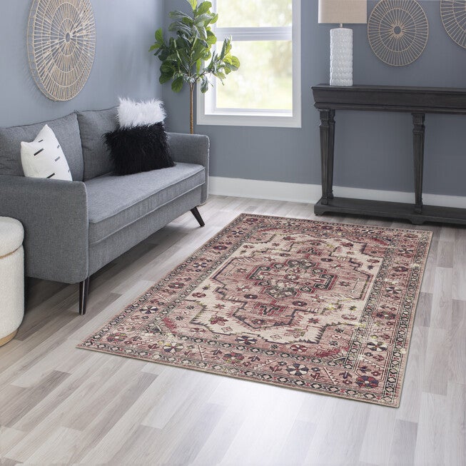 Washable Marcie Ivory/Pink Rug, , alternate image number null