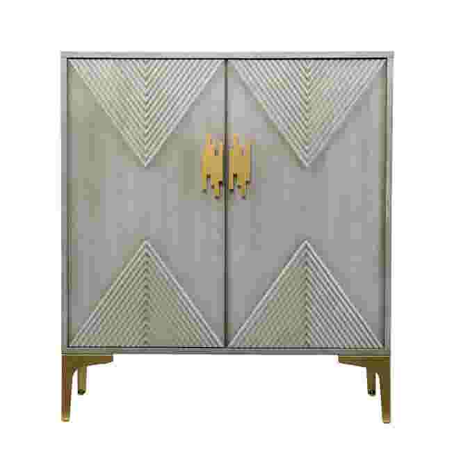 Lantara modern storage cabinet front view with geometric pattern and gold legs