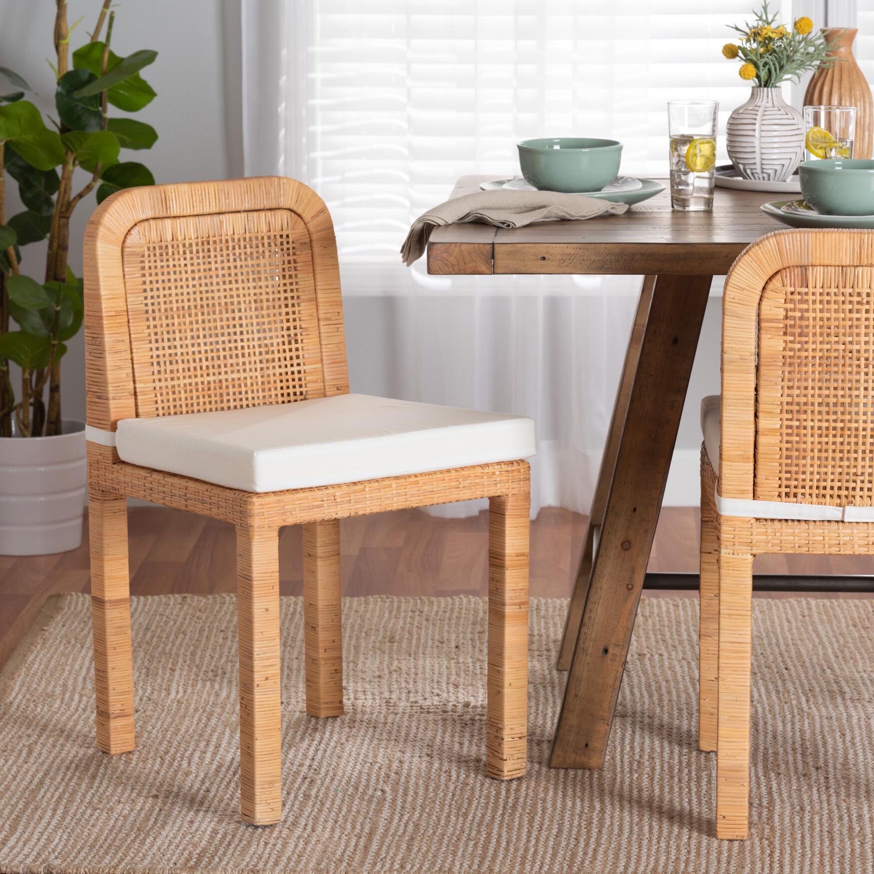 Zariah Modern Bohemian Natural Brown Rattan And Mahogany Wood 2-Piece Dining Chair Set, , alternate image number 5