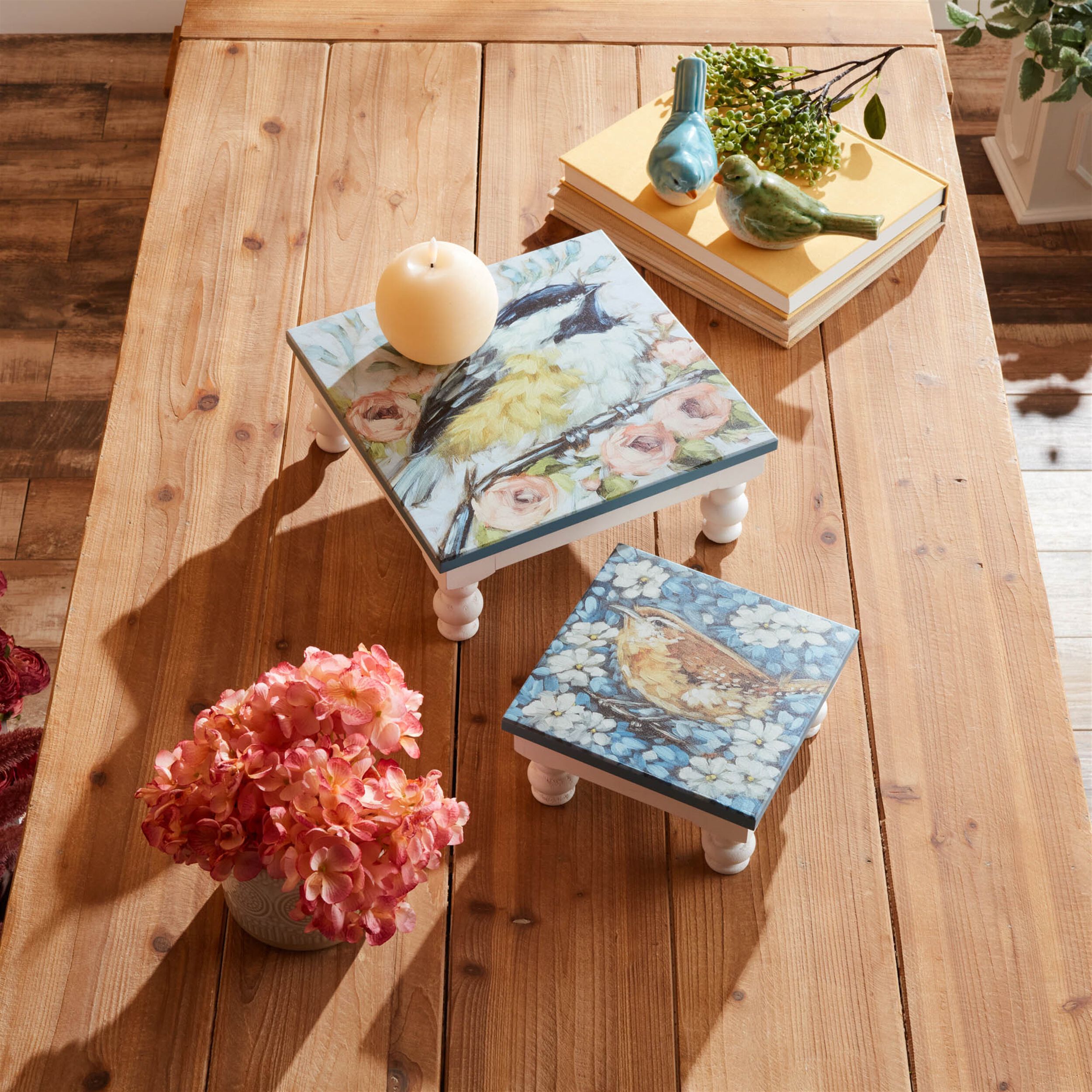 Wooden Floral Bird Pedestal Tray Set of 2, BLUE WHITE, alternate image number 4