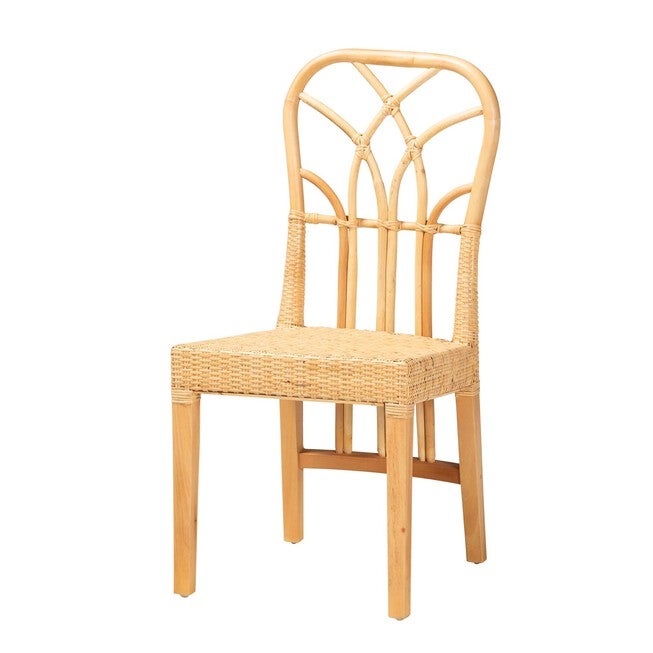 Monaco Modern Bohemian Oak Brown Finished Mahogany Wood And Natural Rattan Dining Chair, OAK BROWN, hi-res image number 0