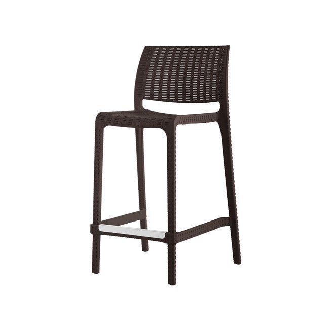 Brown woven outdoor counter stool with integrated armrests and footrest