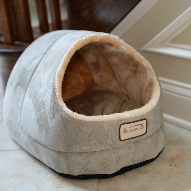 Faux Suede, Faux Fur Pet Cat Dog Cave Pet Bed, Sage Green/ Beige, , alternate image number null