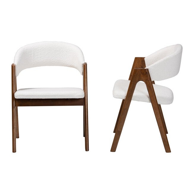 Virden Boucle Upholstered Dining Chair Set of 2- Mid-Century Modern Armchair with Solid Wood Frame and Curved Open-Back Design, WHITE, alternate image number 3
