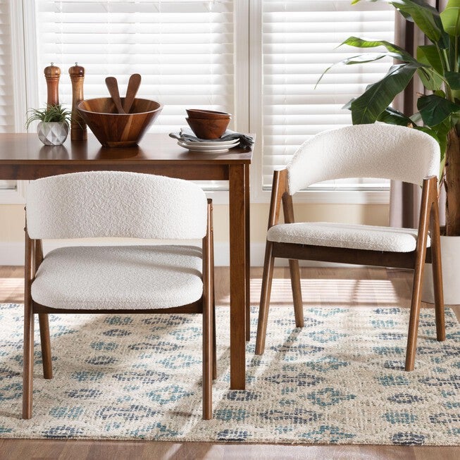 Virden Boucle Upholstered Dining Chair Set of 2- Mid-Century Modern Armchair with Solid Wood Frame and Curved Open-Back Design, WHITE, hi-res image number 0