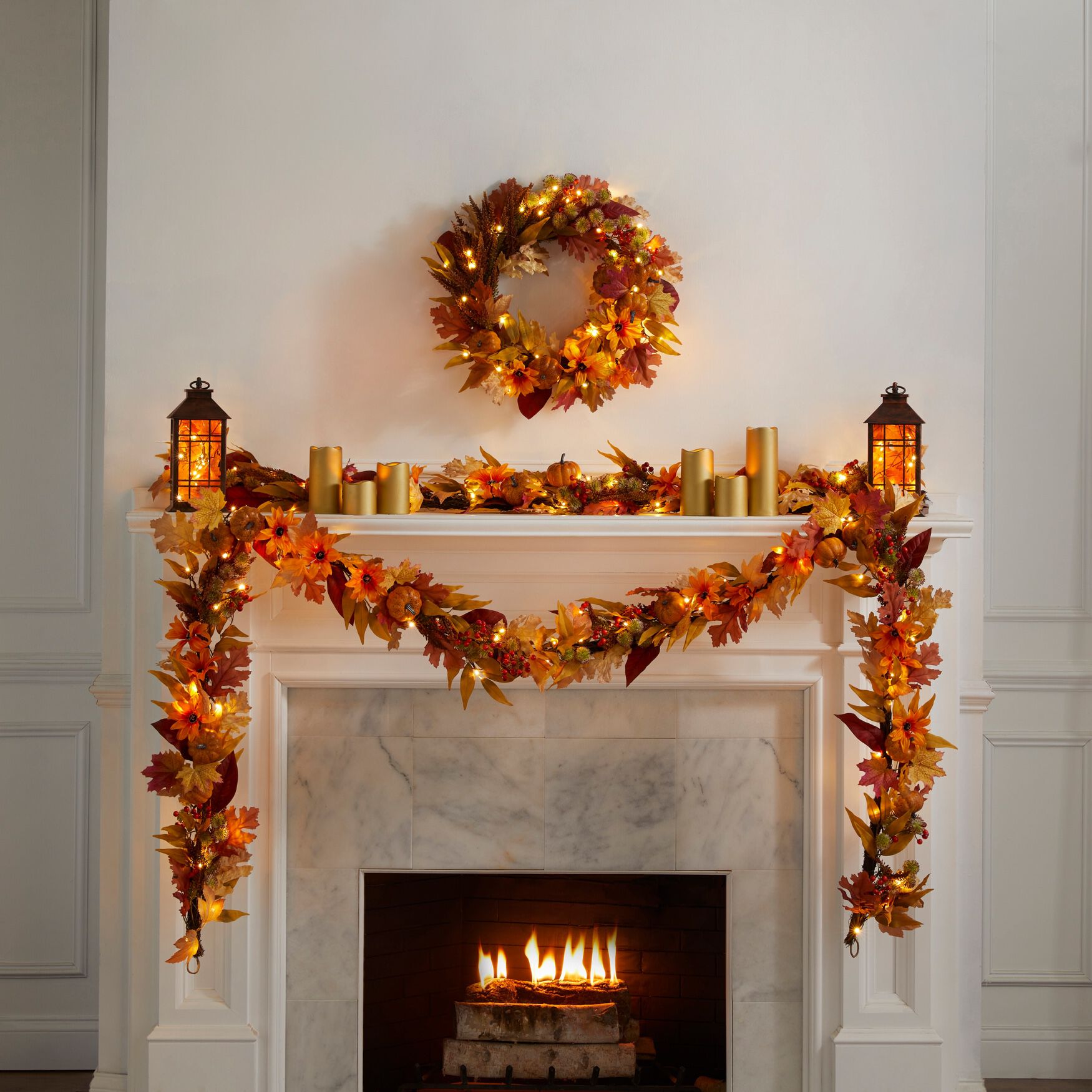 24 inches Pre-Lit Harvest Daisy Wreath, , on-hover image number 1