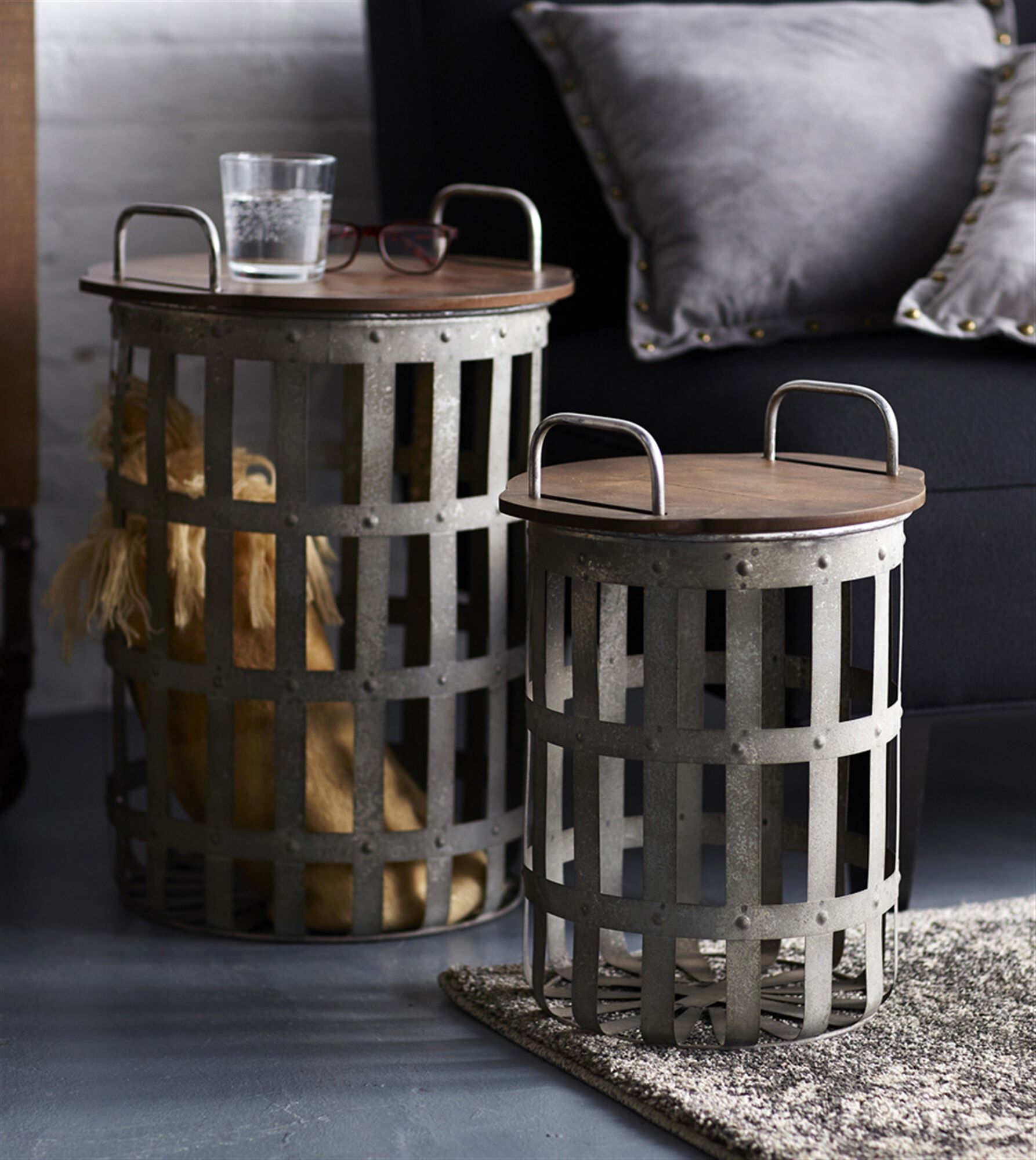 Side Tables (Set of 2) 15.5 inchesH, 20.25 inchesH Metal/Wood, GREY, hi-res image number 0
