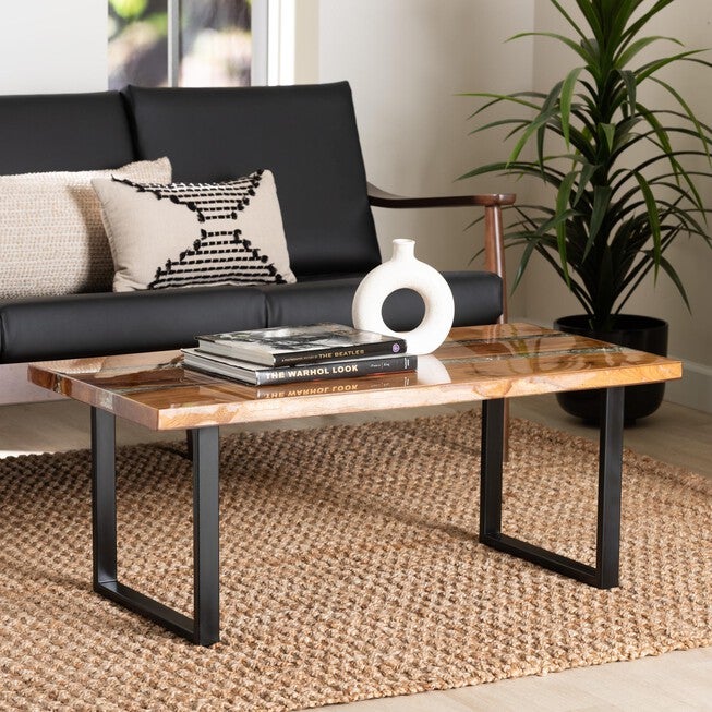 Apio Wood Epoxy Resin Coffee Table with Glass Inlay, Rectangular, BROWN, hi-res image number 0