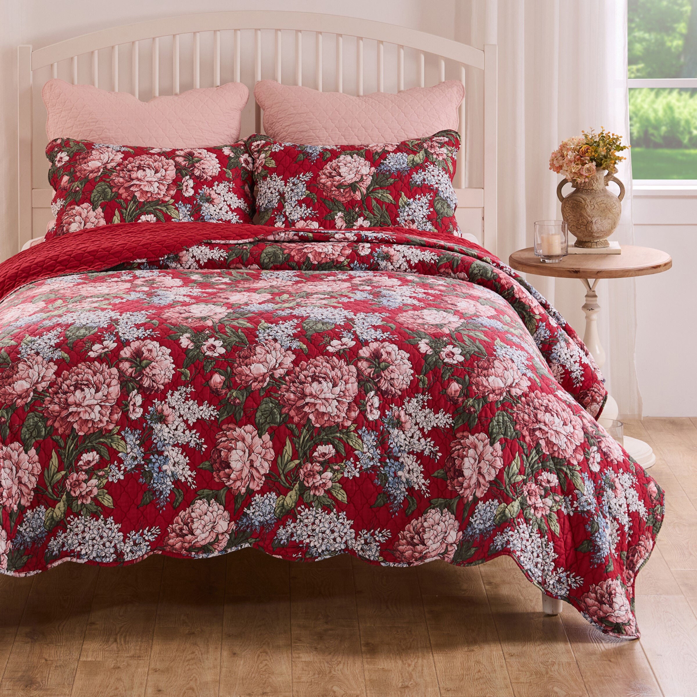 Greenland Home Fashions Millie Finely Stitched Floral Quilt Set, GARNET, hi-res image number 0
