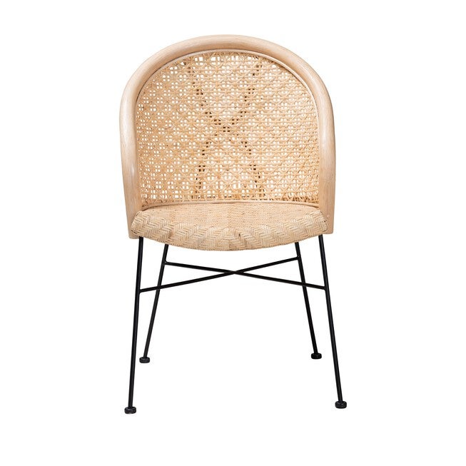 Lisa Modern Bohemian Natural Brown Rattan And Black Metal Dining Chair, , on-hover image number 1