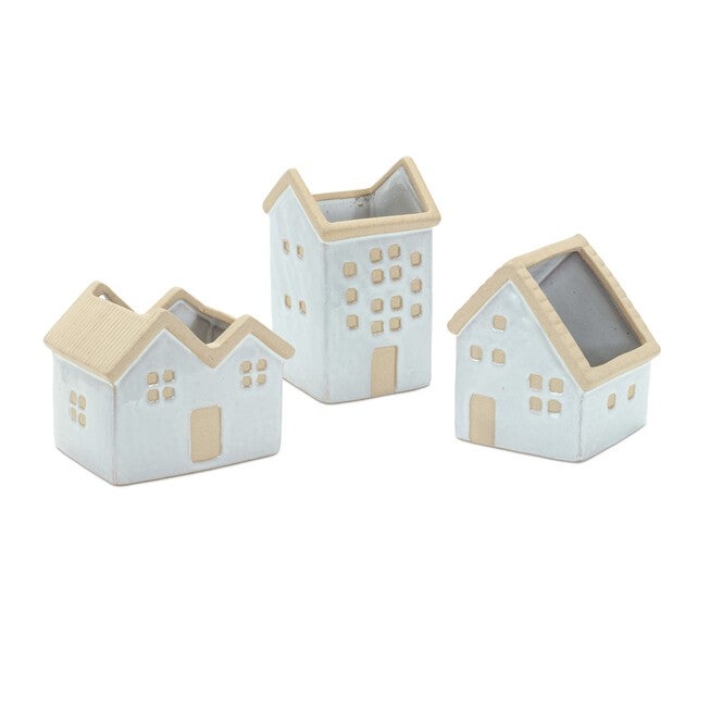 House Planter (Set of 3) 5.5 inchesL x 4.75 inchesH, 4.5 inchesL x 5.5 inchesH, 3.5 inchesL x 6.25 inchesH Porcelain, WHITE/BROWN, hi-res image number 0