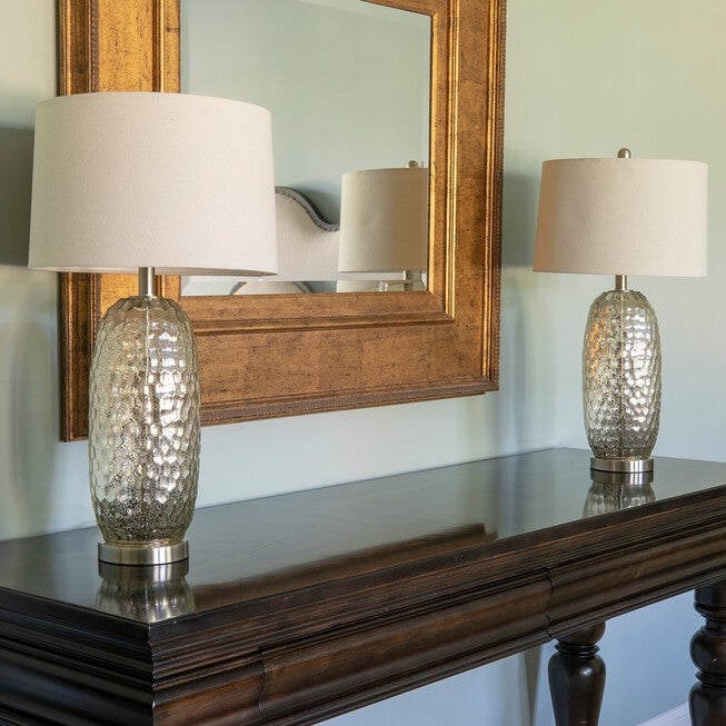 1 Set Antique Mercury Dimple Glass Table Lamp Off-White Linen Hardback Shade , , on-hover image number null