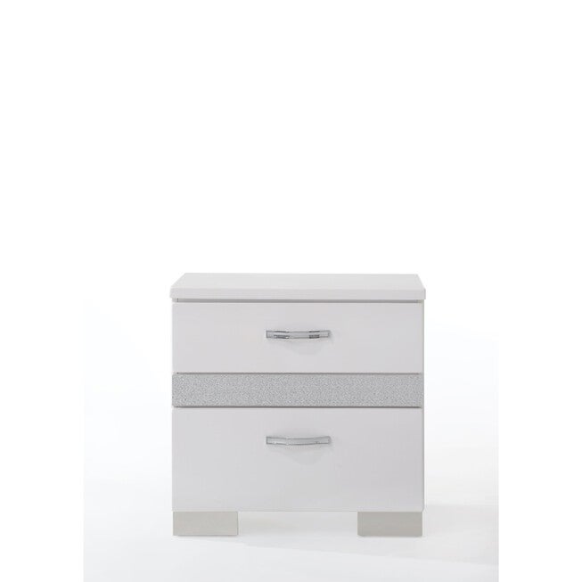White nightstand with two drawers and silver bar pulls