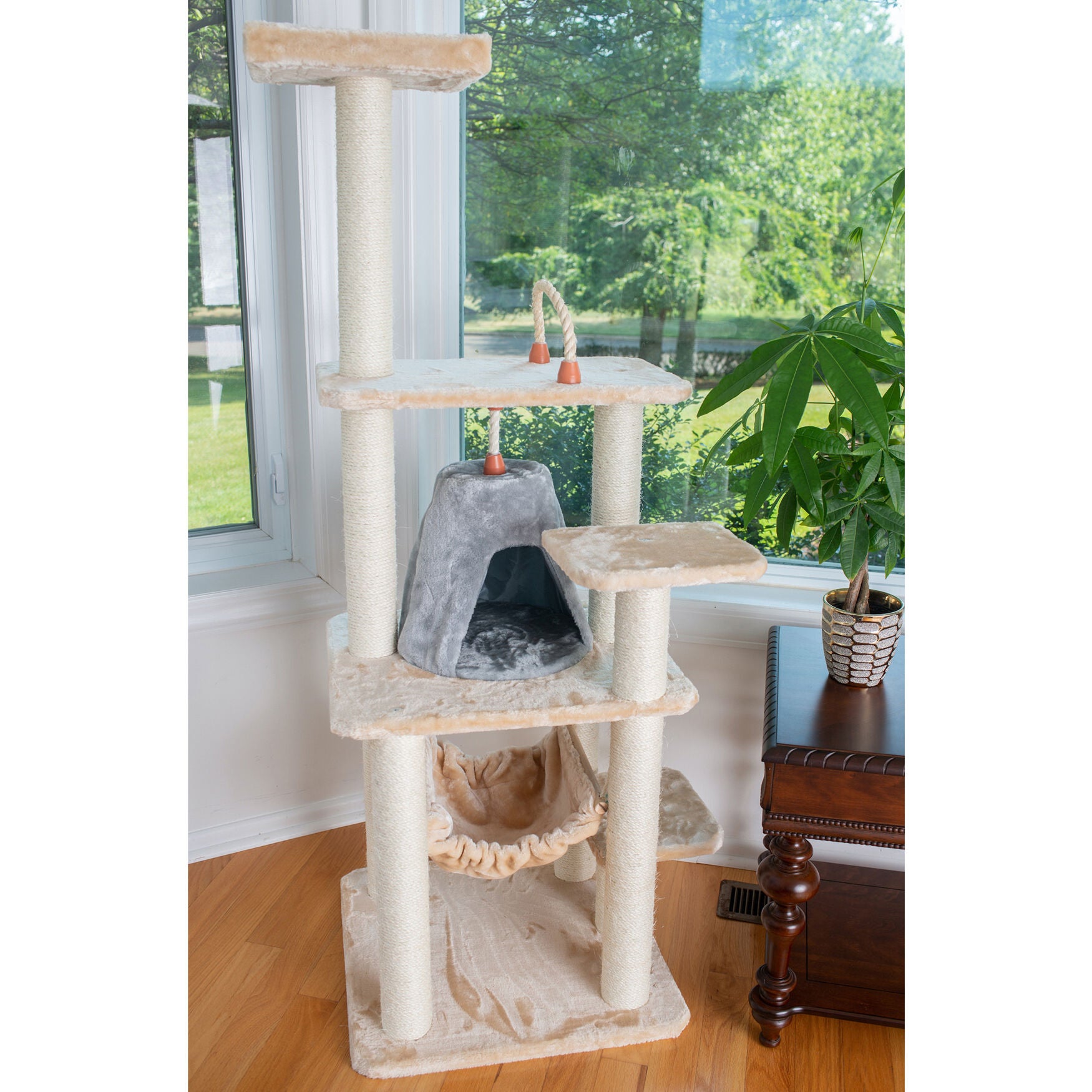 65 inches Real Wood Cat Tree With Sisal Rope, Hammock, Playhouse, , on-hover image number 1