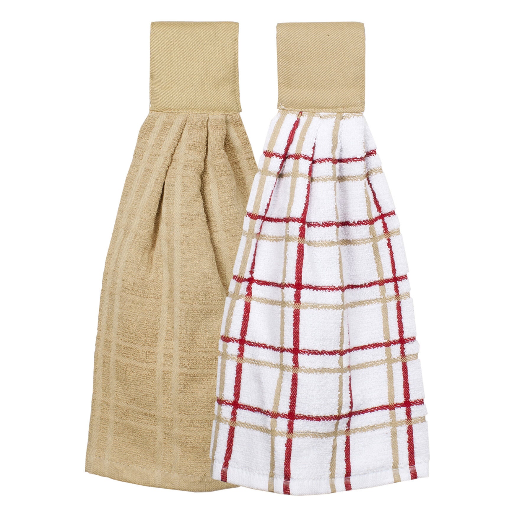 Solid And Multi Check Kitchen Tie Towel, Set Of Two, BISCOTTI, hi-res image number 0