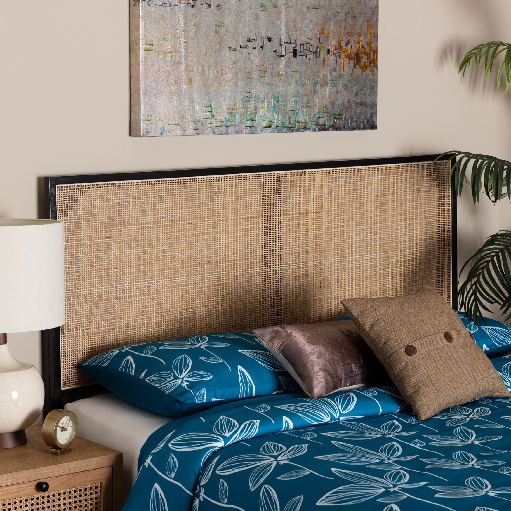 Aurelia Modern Bohemian Black Finished Bayur Wood And Natural Rattan Queen Size Headboard, , alternate image number 11