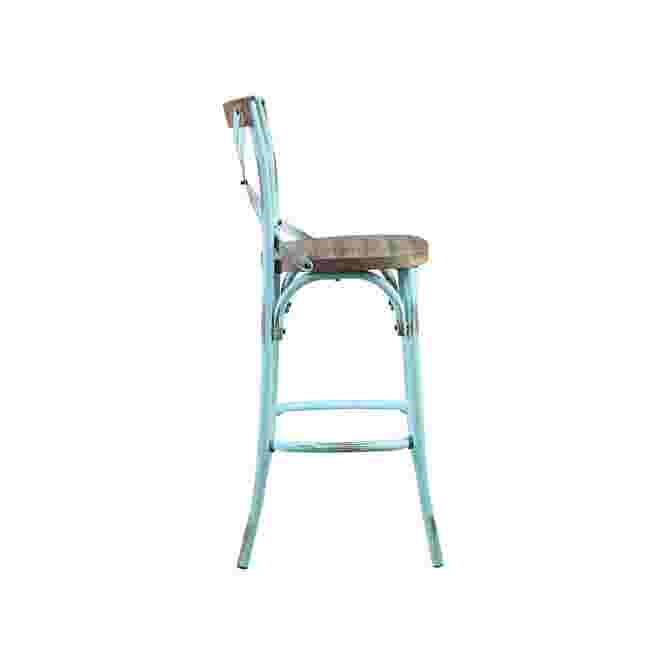 Bar chair with teal frame, arched apron and wooden seat