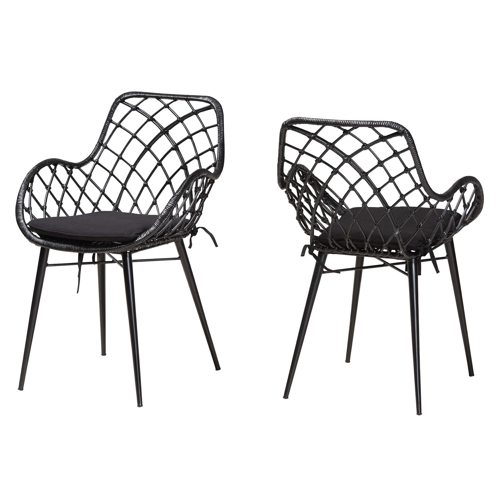 Ballerina Modern Bohemian Black Finished Rattan And Metal Dining Chair, BLACK RATTAN, hi-res image number 0