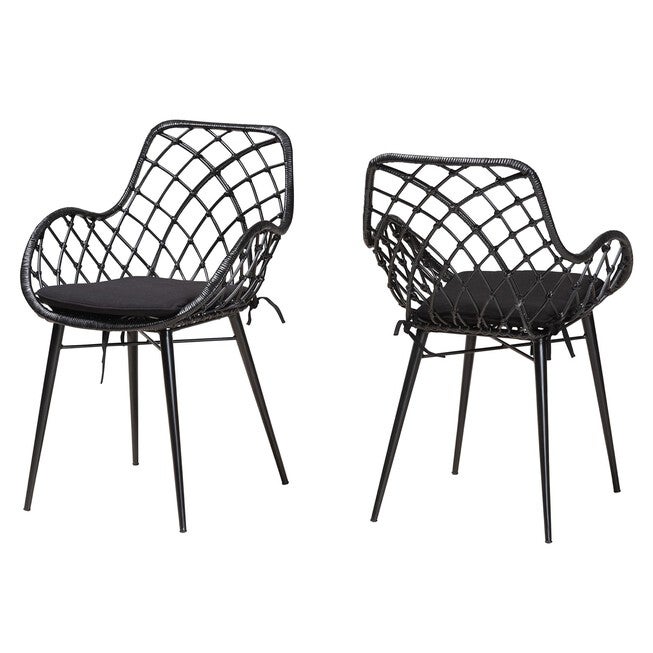 Ballerina Modern Bohemian Black Finished Rattan And Metal Dining Chair, BLACK RATTAN, hi-res image number 0