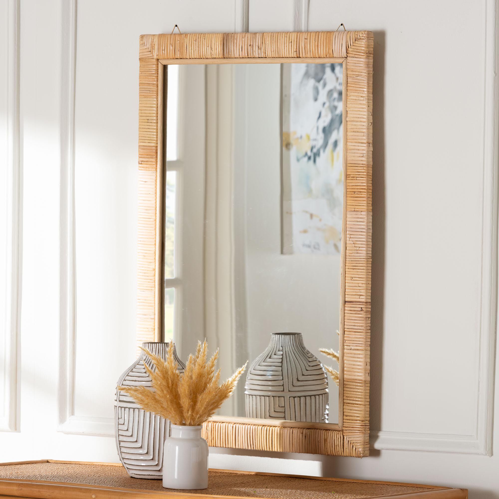 Lankston Bohemian Natural Rattan Rectangle Accent Wall Mirror | OneStopPlus