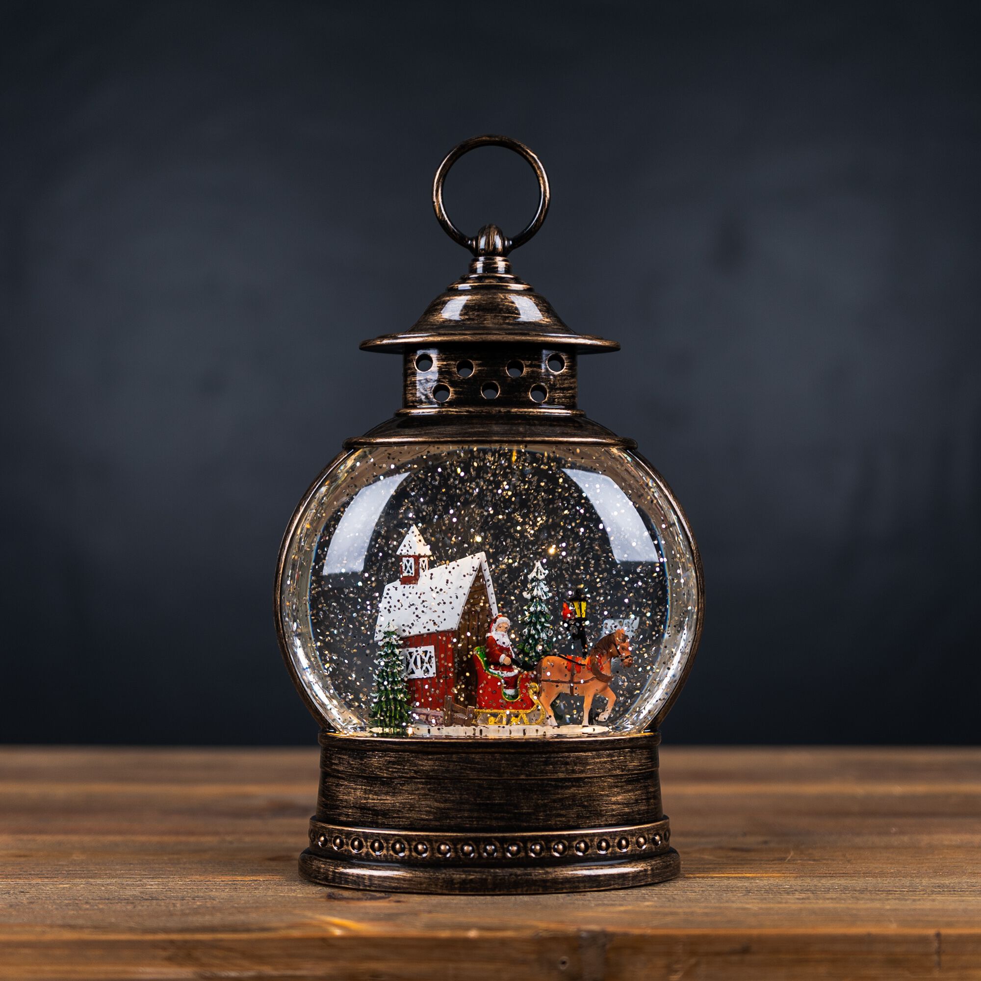 LED Snow Globe with Santa's Sleigh 11.5 inchesH, BRONZE RED, alternate image number 1