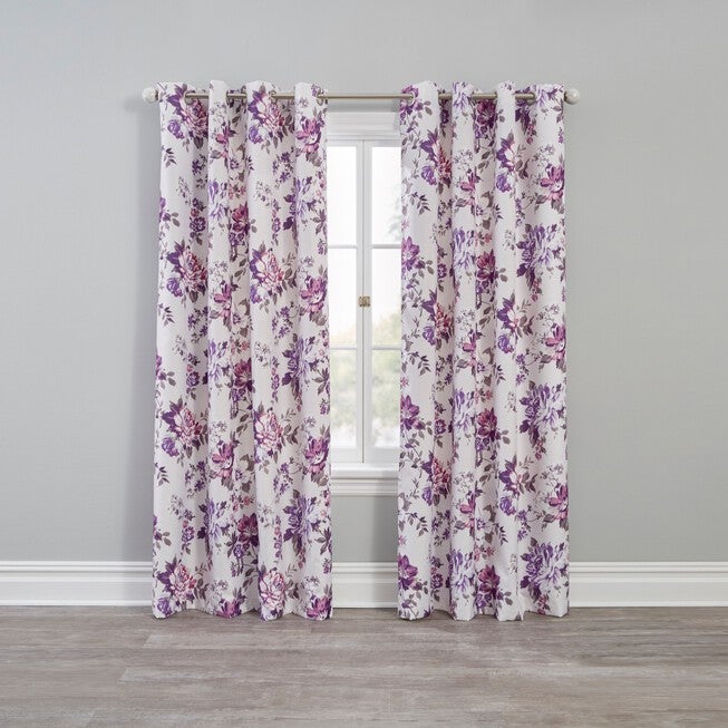 Floral Check Blackout Grommet Panel, PURPLE GRAY, hi-res image number 0