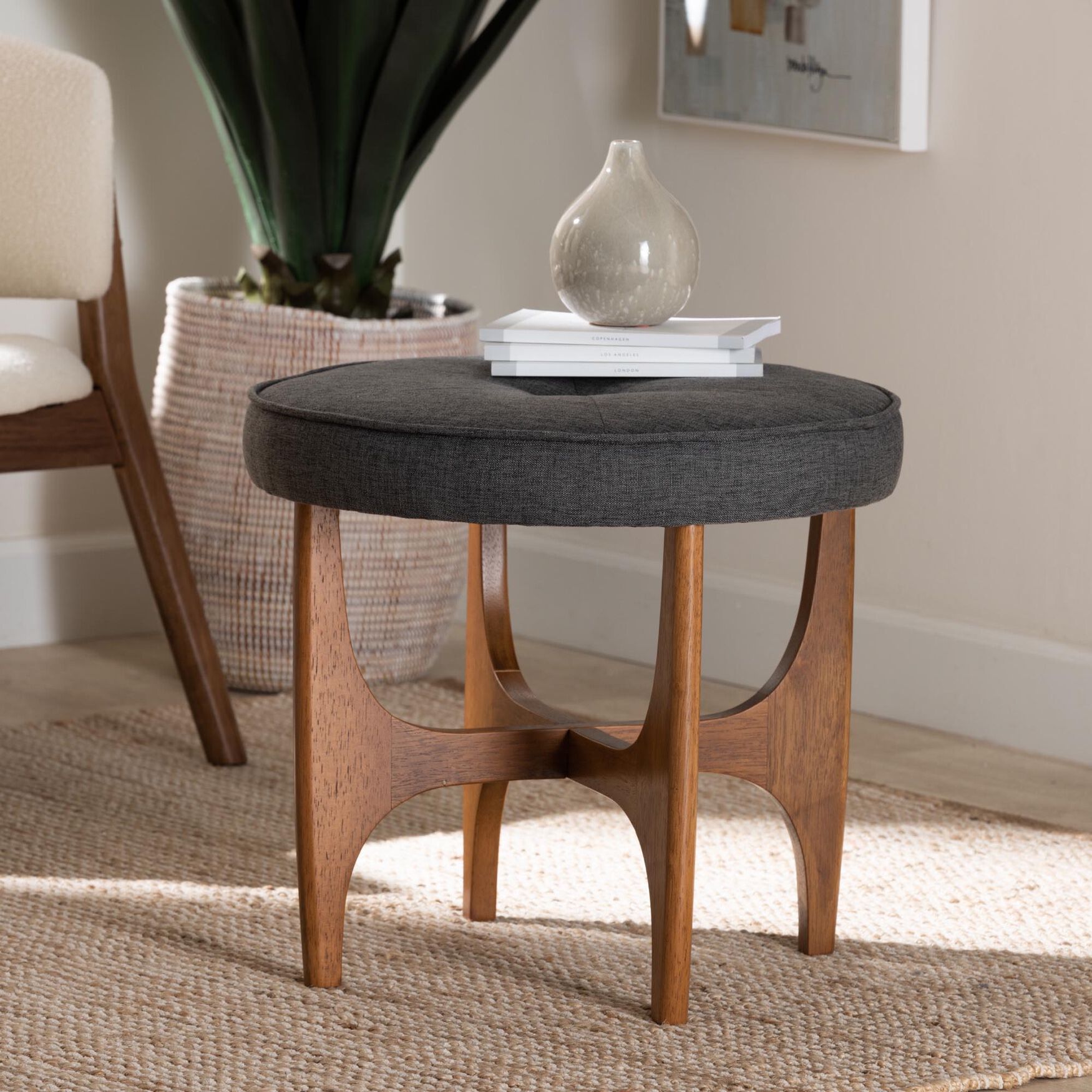 Theo Japandi Dark Grey Fabric And Walnut Brown Finished Wood Ottoman Footstool, , alternate image number 10