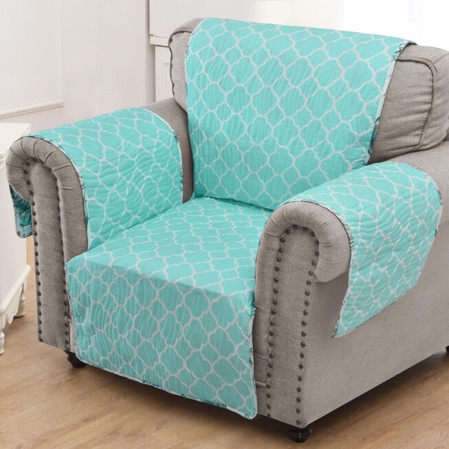 Cruz armchair furniture protector with solid aqua scallop lattice pattern