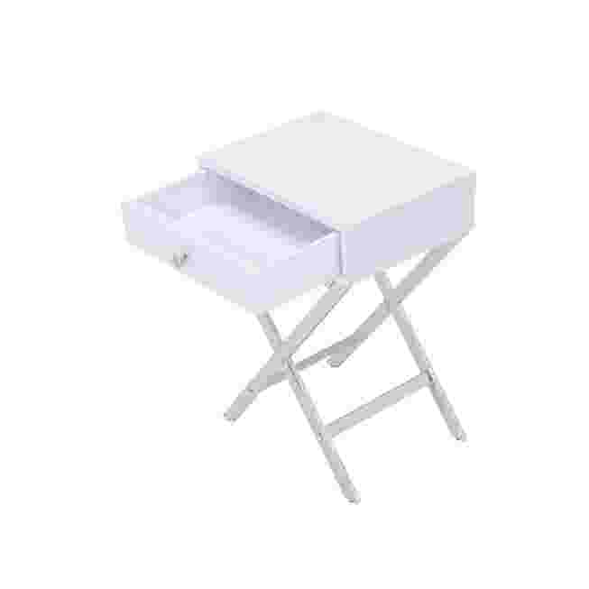 Lavender accent table with drawer opened