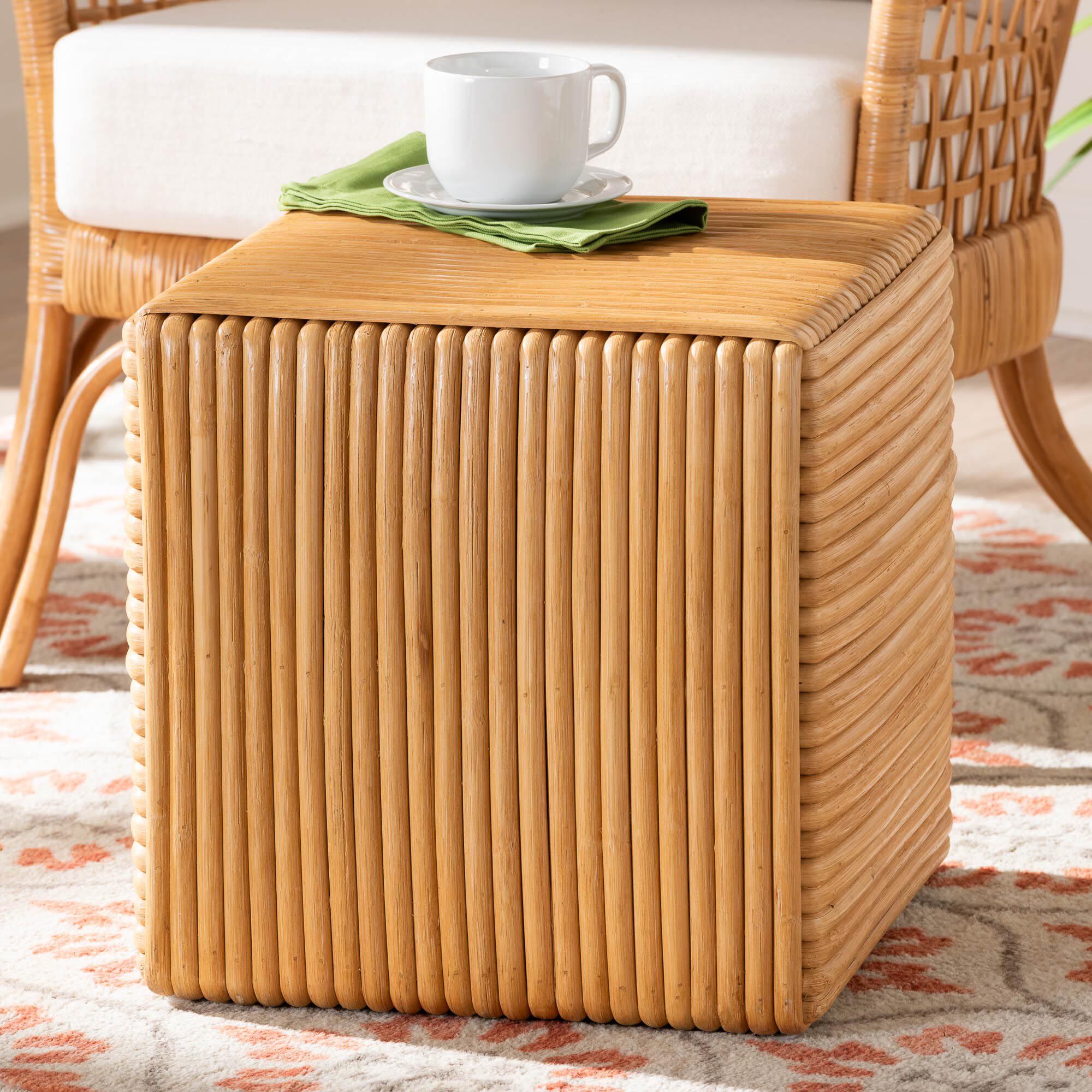 Karina Bohemian Light Honey Rattan Footstool, HONEY, hi-res image number 0